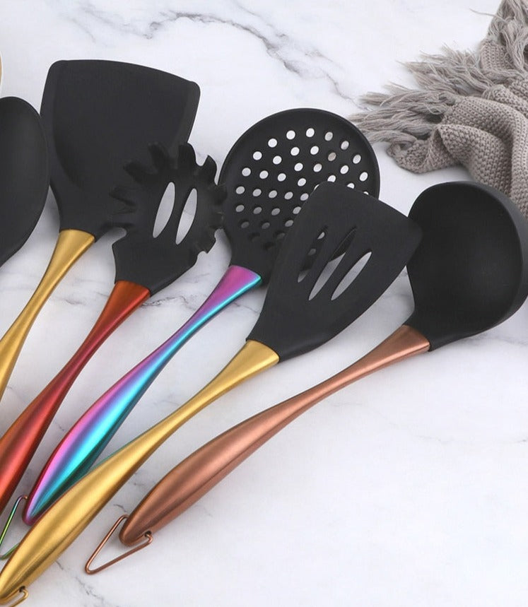 Gold Cooking Tool Set Silicone Head Kitchenware Stainless